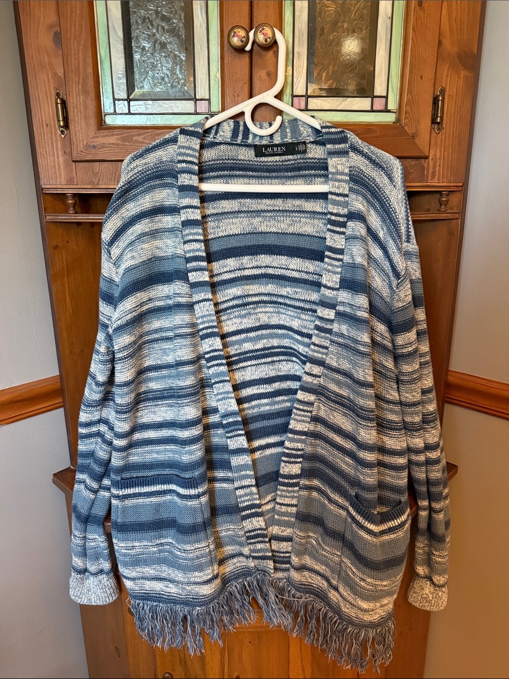 Lauren Ralph Lauren Striped Fringe Linen-Cotton Open Cardigan Sweater - Large